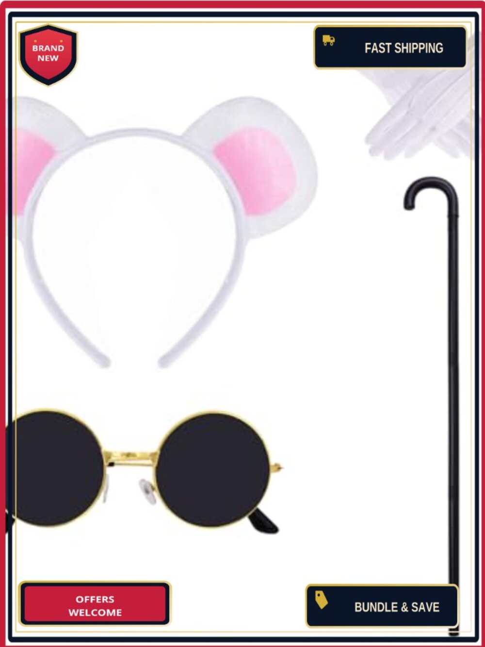Mouse Costume Accessories Set Ears Headband Cane Gloves Sunglasses Halloween